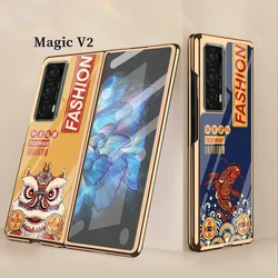 Case for Honor Magic V2 V3 VS V Electroplated Glass Lucky Lion Crane Patterns Shockproof Hard Mobile Phone Case Cover