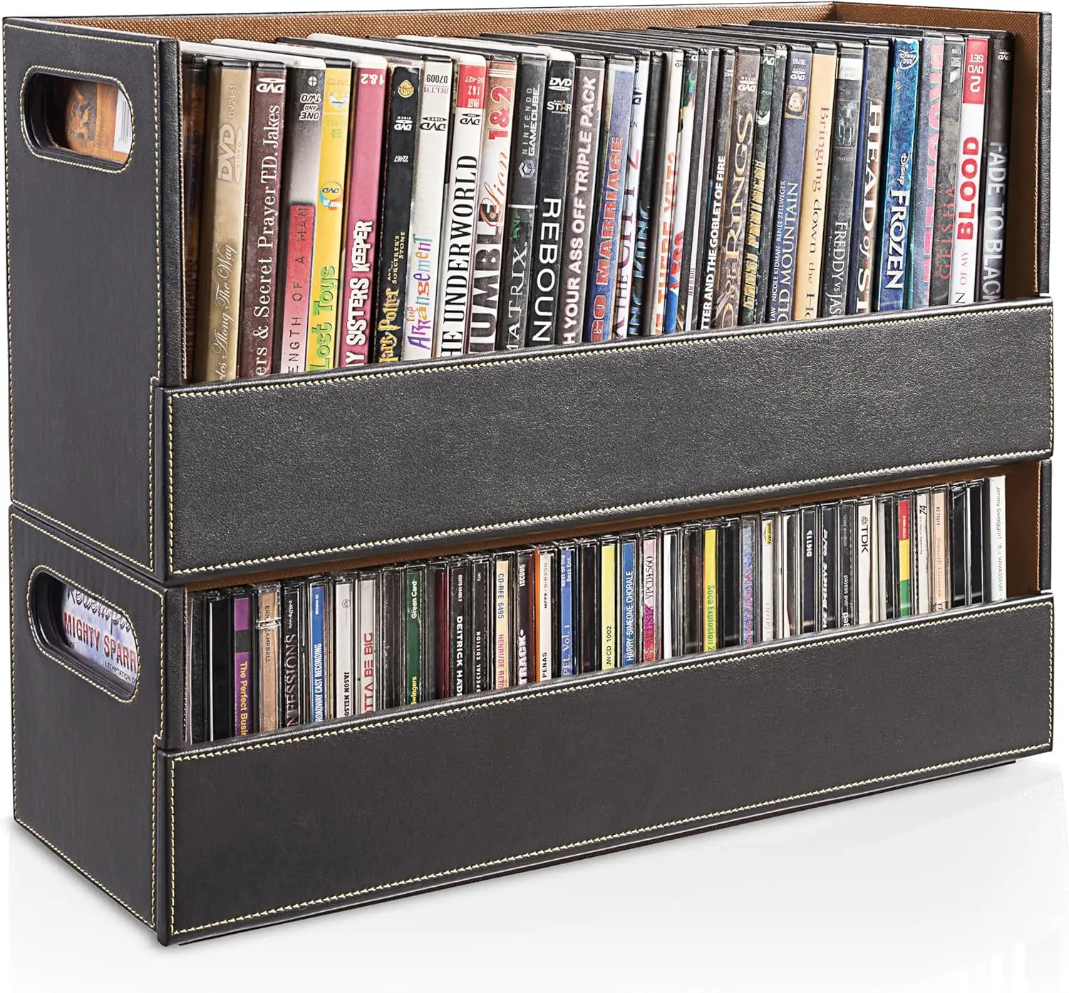 Faux Leather DVD & CD Storage Box - Organizer for Blu-Ray, Video Game Cases, VHS Tapes, Holds 28 DVDs & 40 CDs