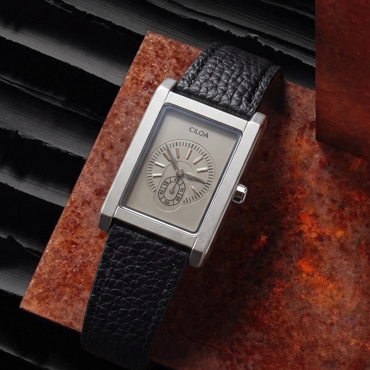 CILOA-Luxury Retro Square Men Watch Silver Case Two Half Hands Leather Strap Quartz Wrist Watches for Daily Office-517