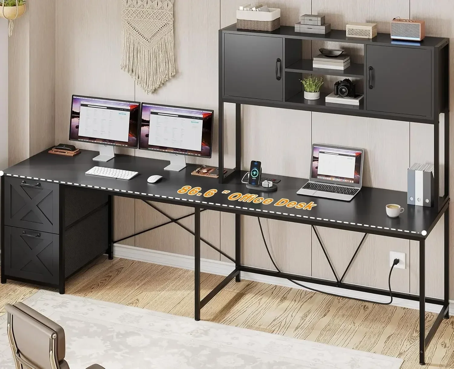 Corner Computer Desk, Reversible L Shaped Computer Desk with Fabric Drawers and Power Outlet, Gaming Desk with Led Lights