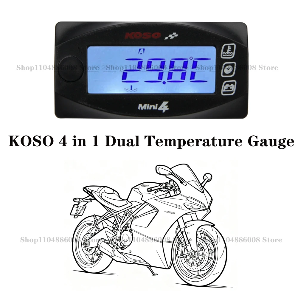 

KOSO Mini 4 в 1, светодиодный цифровой дисплей, датчик температуры воды, масла, вольтметр, дисплей времени, модифицированный мотоцикл