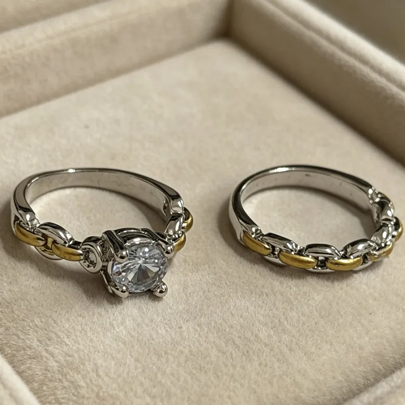 New Fashion Zircon Chain Ring Color Separation Two Women's Ring, Painted Oil Gold Two-Color Wedding Engagement Jewelry