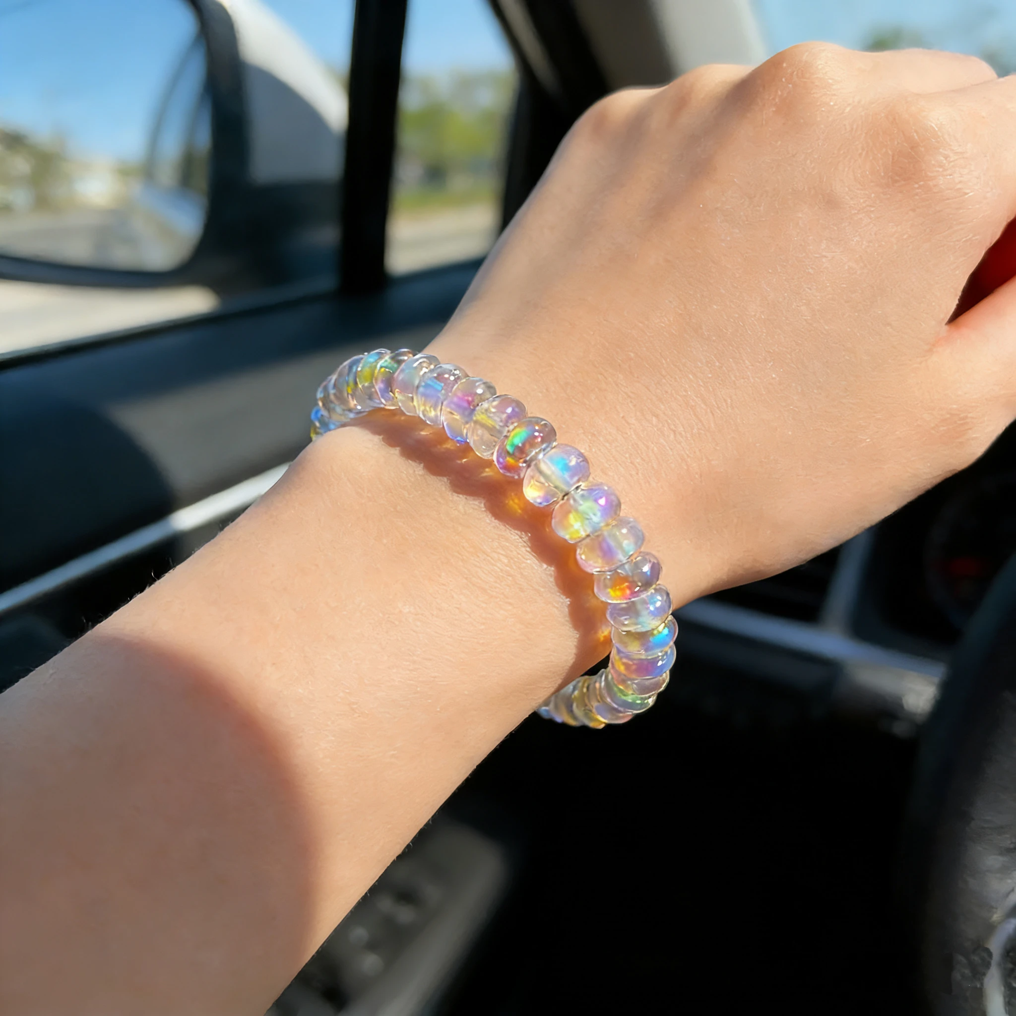 Ethiopian Opal Beaded Bracelet For Menopause, Rainbow Flash Flat Bead Stretch Bangle, Unisex Healing Crystal Jewelry Gift view 6