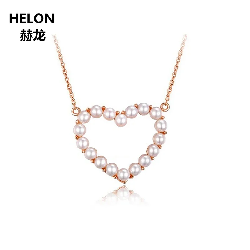 Solid 18k Rose Gold Women Pendant Necklace 3mm 100% Freshwater Pearl Pendant Heart Shape Fine Jewelry