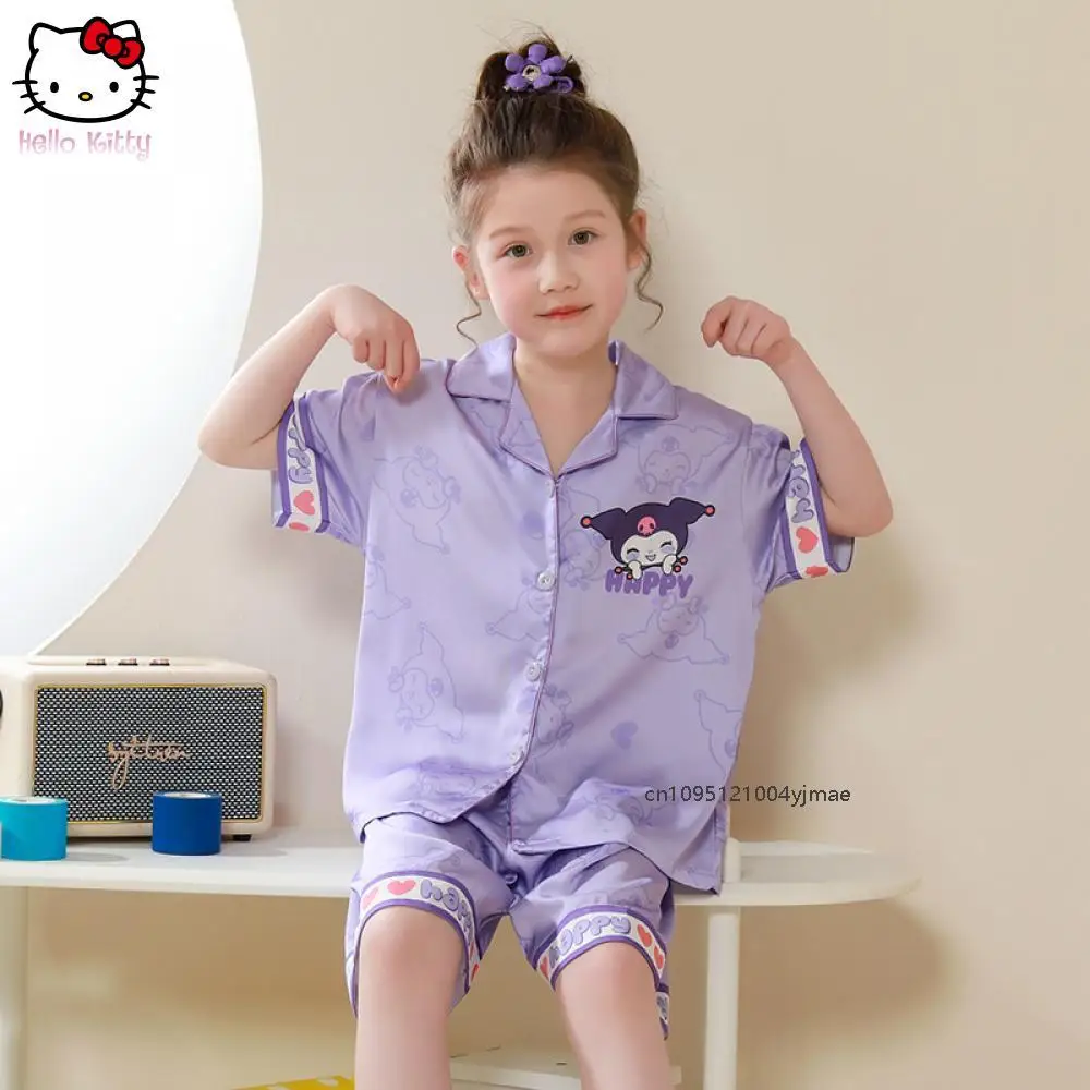 

Детская пижама Kuromi из 2 предметов с героями мультфильмов, аниме Sanrio Hello Kitty Cinnamoroll, летняя футболка из ледяного шелка с короткими рукавами, топы и шорты, комплект