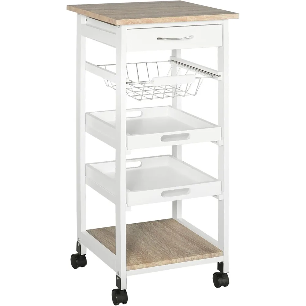 

Mobile Rolling Kitchen Island Trolley Serving Cart with Underneath Drawer & Slide-Out Wire Storage Basket