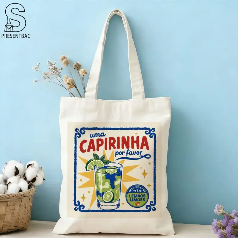 Brazilian-style Capirinha Cocktail Pattern Printed Canvas Tote Shopping Bag, Fashionable Minimalist Single-Shoulder Bag