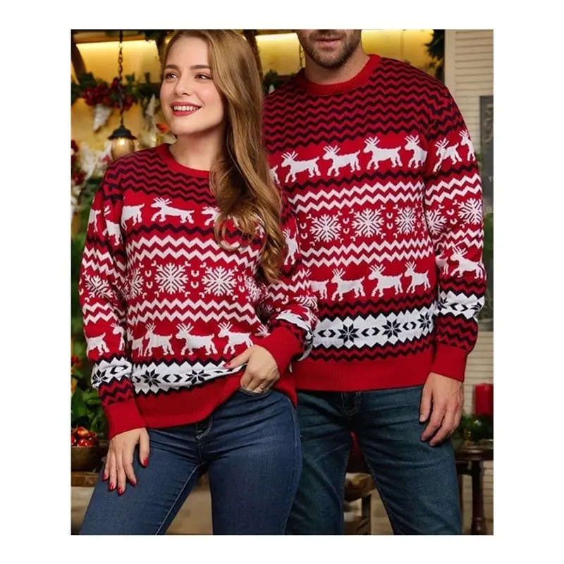VOFUN-Couples' Casual Christmas Sweater Raglan Sleeve Crew Neck Knitted Pullover Comfy Warm Fall Tops