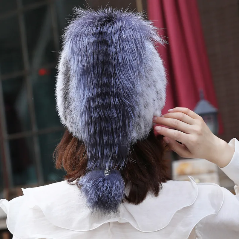 Mink Fur Hat Women Winter Fur Hat With Fox Tail Warm Ear Protection Cap Fluffy Natural Fur Hat Luxury Knitted Real Mink Fur Hat