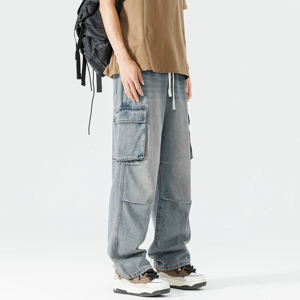 하이 스트리트 레터 자수 프라이드 스트리트 팬츠, 힙합 레트로 루즈 남성 데님 바지, 스트레이트 스트리트웨어, 캐주얼 청바지