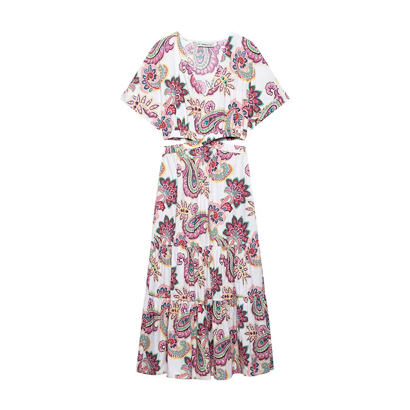 

RAFZNB Women Fashion Cut Out Print Long Dresses V-Neck Short Sleeved Dress Casual Female Elegant Party Dresses