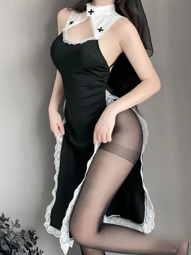 Uniforme de la serie de monja para Cosplay, lencería erótica traviesa para Halloween, convento Medieval, vestido Sexy para hermana, conjunto de disfraces, cuerpo