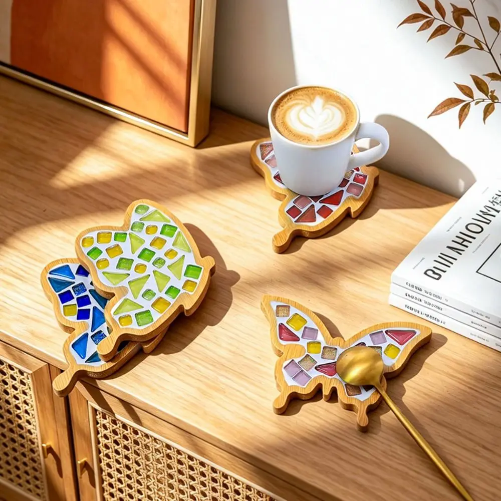 Mixed Color DIY Mosaic Coaster Bamboo Butterfly Shape Coaster Making Kit Non-Slip Thermal Insulation Handmade Drinkware Tray