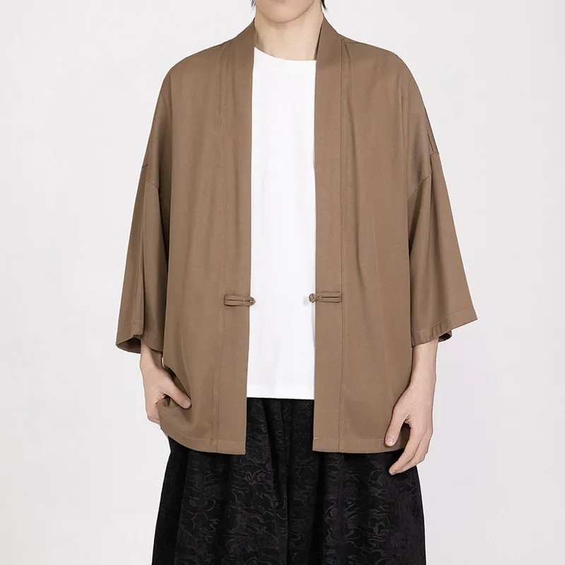 Summer Men Black Robe Samurai Clothing Solid Color Loose Asian Traditional Costume Beach Japanese Kimono Cloak Sunscreen Coat
