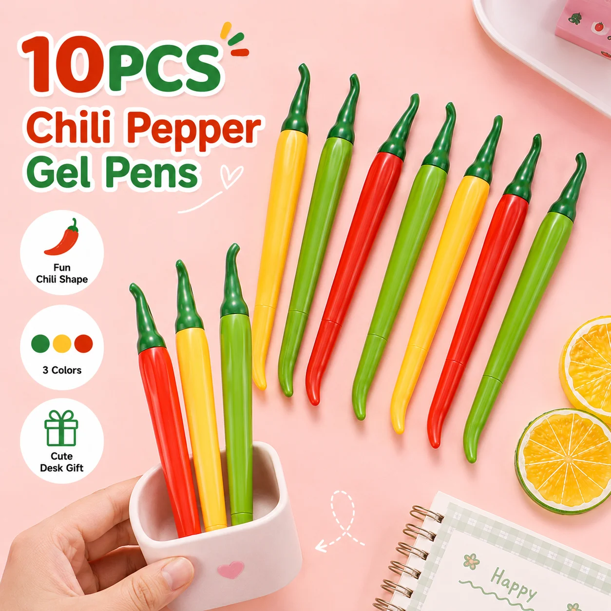 10-Pack of Three-Color Mixed Pepper-Shaped Ballpoint Pens, Quirky and Creative, with Realistic Chili Pepper Design, Novel and Fun, Smooth Writing and Durable, Unique and Aesthetically Pleasing Stationery, Suitable for Class Notes and DIY Journals, Perfect for Creative Gift-Giving