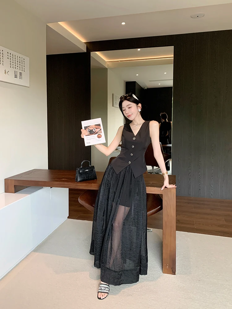 

LADIESFIRST Ele Mid-Length Me Skirt Zipper Waist Translucent Polyester Fiber A-Line Skirt Daily Wear Summer Dr