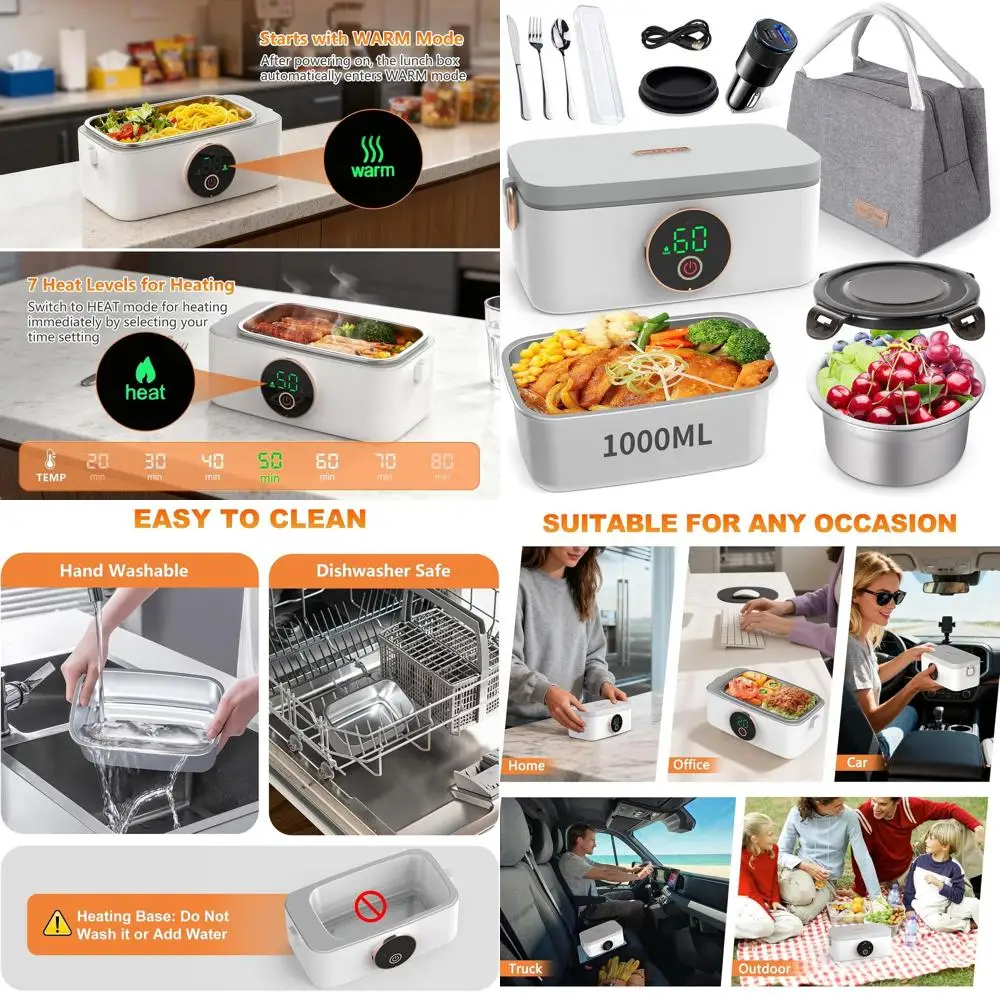 

Portable Rechargeable Heated Lunch Box with Cutlery, Insulated Bag for Travel, Picnics, Camping