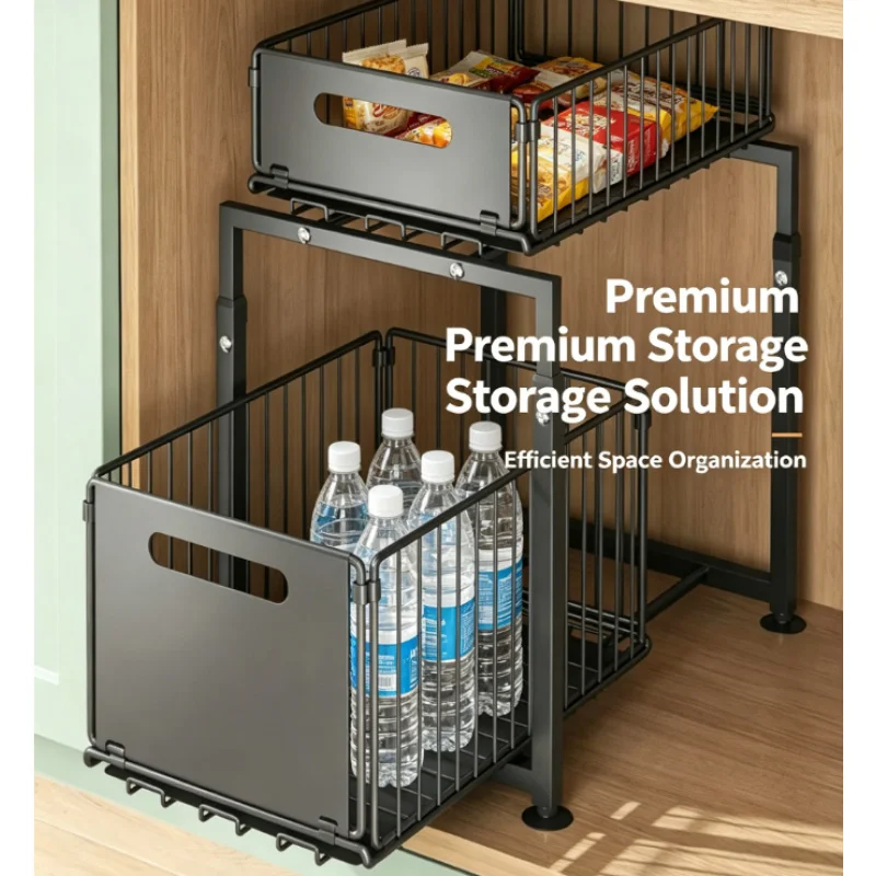 

2 Tier Slide Out Kitchen Sink Storage Rack Basket for Spice Bottle Can Snack Cabinet Organizer Shelf