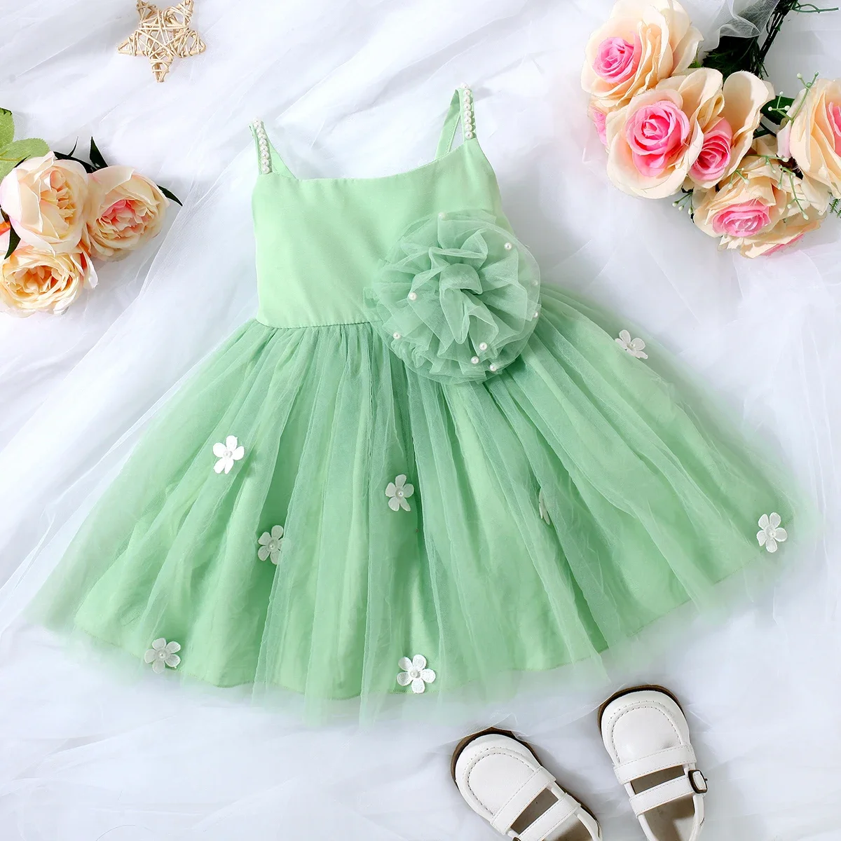 

Princess Baby Girl Summer Backless Baby Girls Birthday Dress For 2-7T Kids Dress Fashion Mosaic Floral Printed Mesh Dress