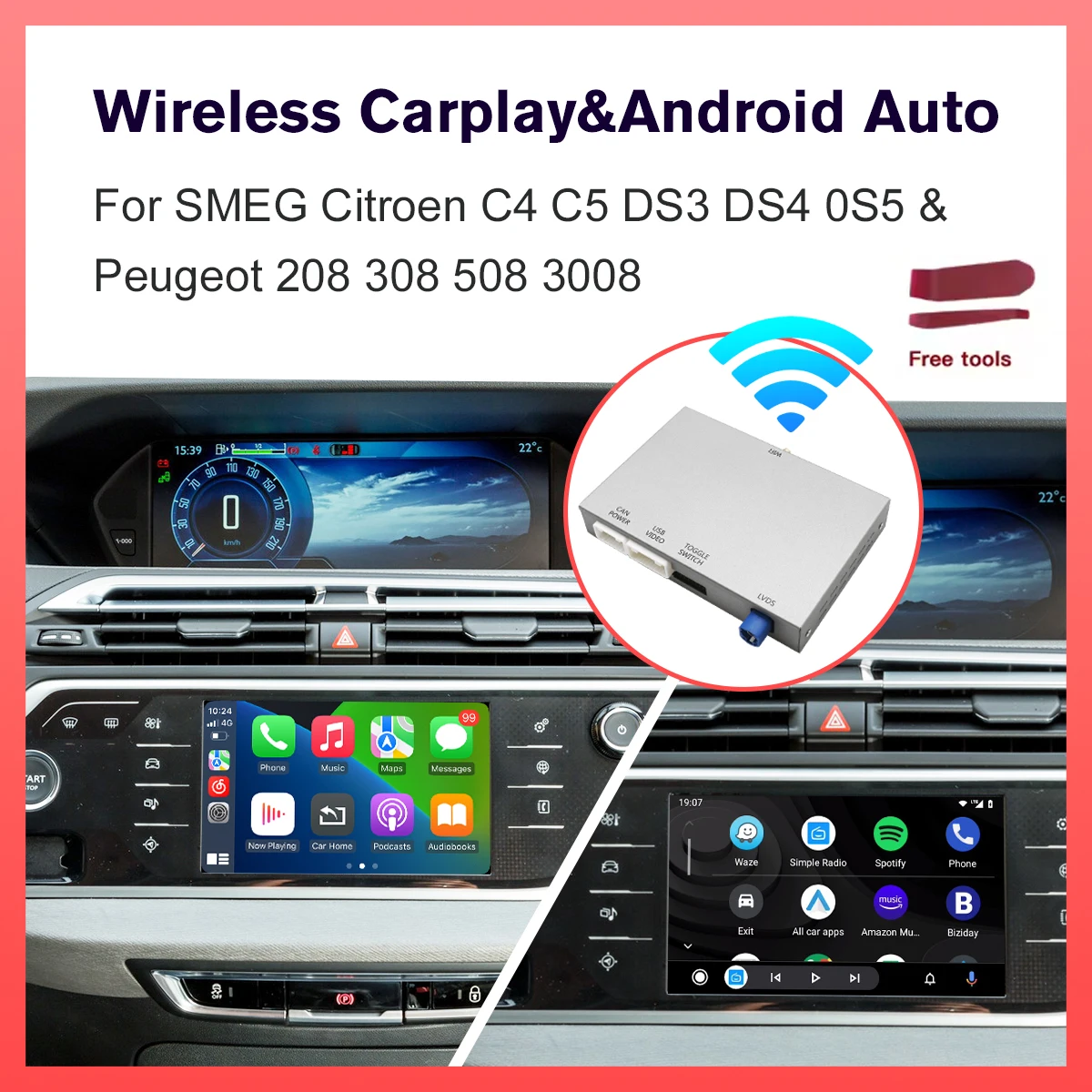 Drahtloses Carplay Android Auto-Decoder-Modul für Peugeot Citroen SMEG MRN Picasso C4 C5 DS4 DS3 308 508 208 3008 Mirror Link
