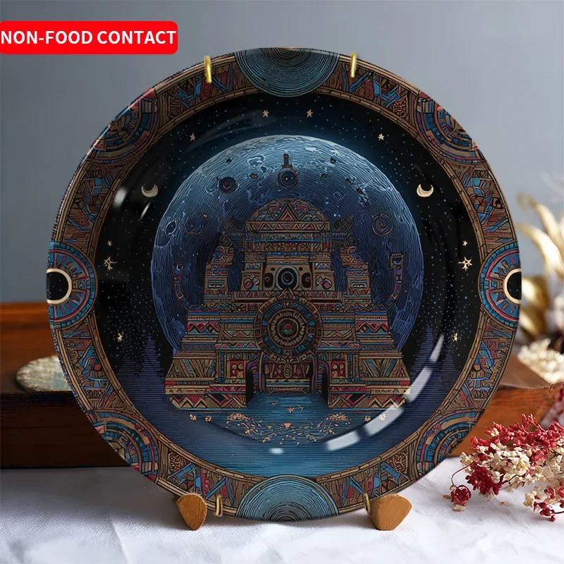 1pc European Vintage Architecture Ceramic Decorative Plate Round Art Hanging Plate Wall Decoration Ornament Non-Food Contact
