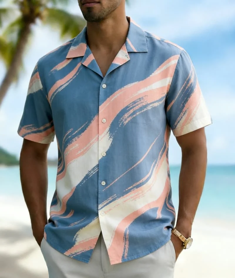 Men's Abstract Wave Print Short Sleeve Lapel Shirt, Trendy Casual Design for Summer Vacation, Daily Wear & Street Style