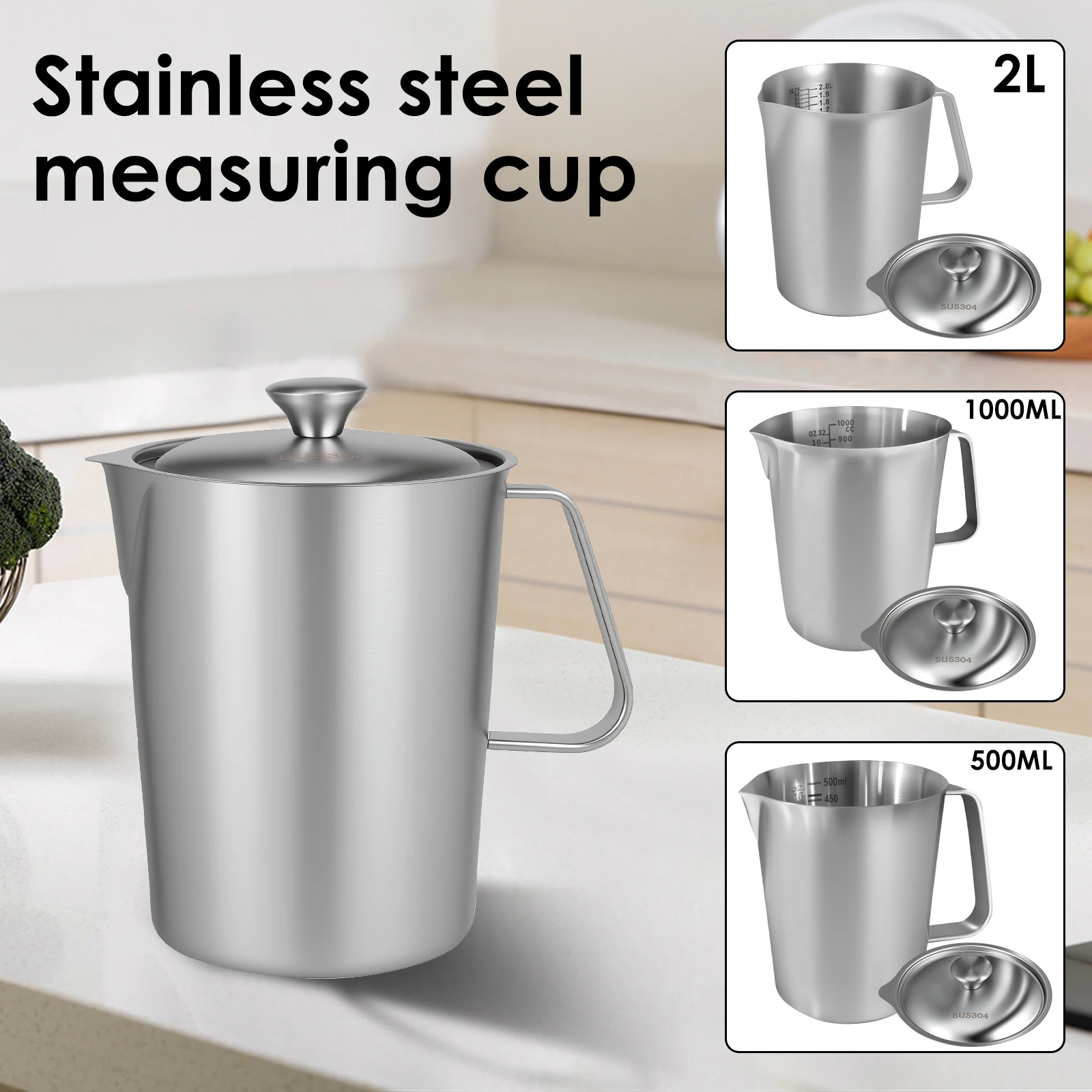 Stainless Steel Milk Frothing Jug With Handle and Lid Rust Proof Large Mouth Metal Graduated Beaker With Clear Marking for Home