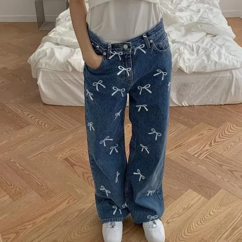 2024 Women Vintage Sweet and Spicy Style Bow Print Loose Jeans Street Casual Style Spicy Girl Straight Pants