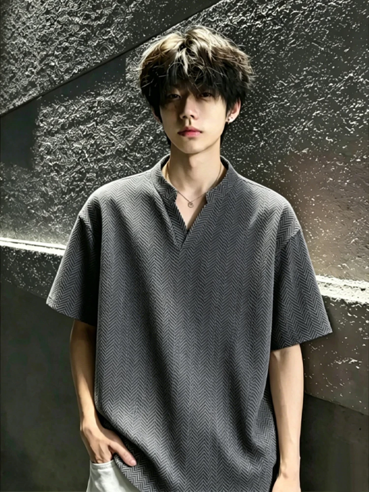 Gray Texture V-Neck Short Sleeve Men's Summer Handsome High-End Feel Shoulder T-Shirt CleanFit Thin Five-Arm T-Shirt