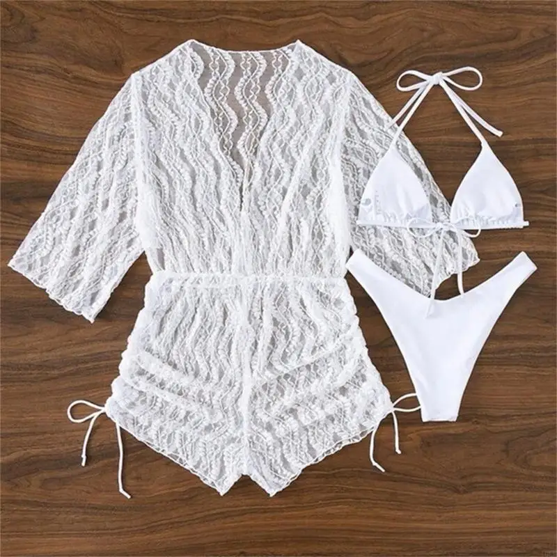 Womens Solid Swimsuits Bathing Suit 3 Pieces Bikinis Set with Lace Up Cover Up