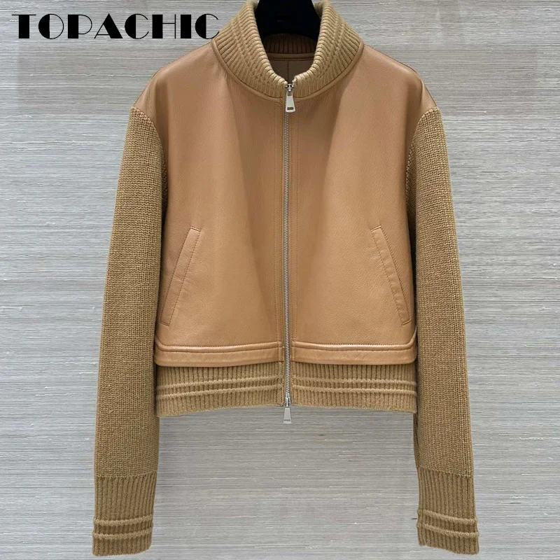 9.1 TOPACHIC-Women High Quality Coarse Yarn Knit Long Sleeve Spliced Genuine Leather Jacket Casual Straight Sheepskin Zipper