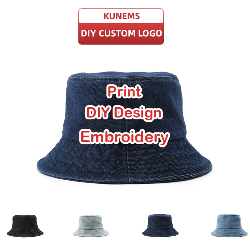 KUNEMS Custom Logo Embroidery Print Brand Washed Cotton bucket hat for Men and Women Design Jean Fishermans hat Unisex Wholesale