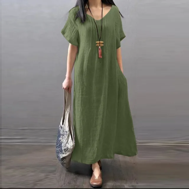 Vestido largo de lino floral, manga corta holgada airosa verano
