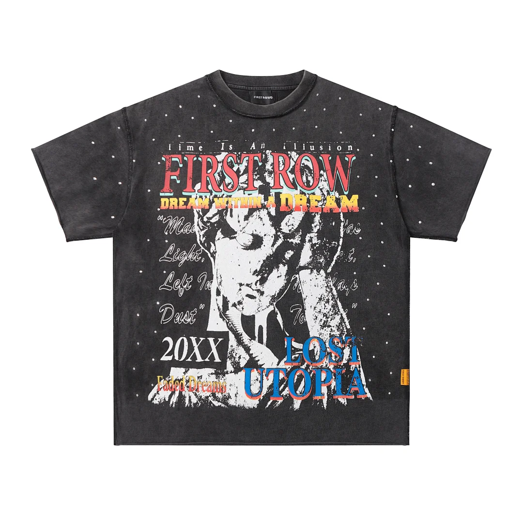 Oversized Washed Black FIRST ROW Rhinestone Vintage T Shirt Retro Multi Color Print Unisex Streetwear Cotton Short Sleeve Tops