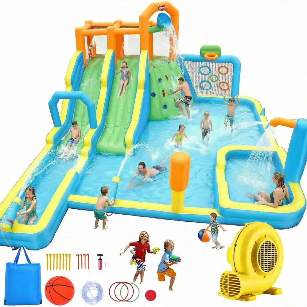 

Inflatable Adult Water Slide Park, 21x17FT Family Water Park with PVC Climbing Wall amp Long Double Slide Spalish Pool 950W Blo