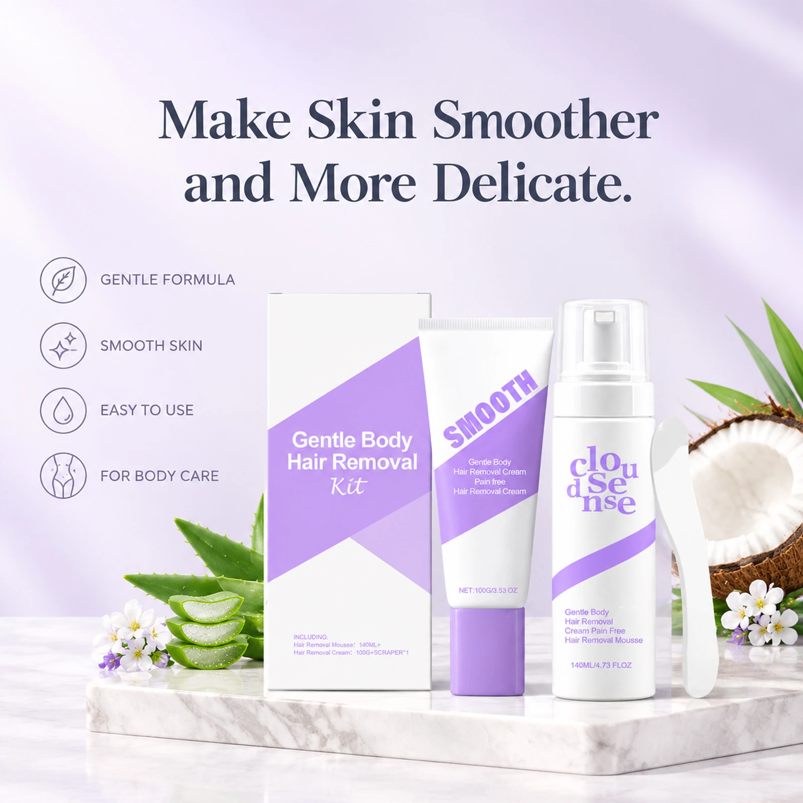 Gentle Hairs Removal Spray Cream Set with Scraper Shea Butter Fast-Acting Improve Smoothness for Underarms Legs Mild Depilatory