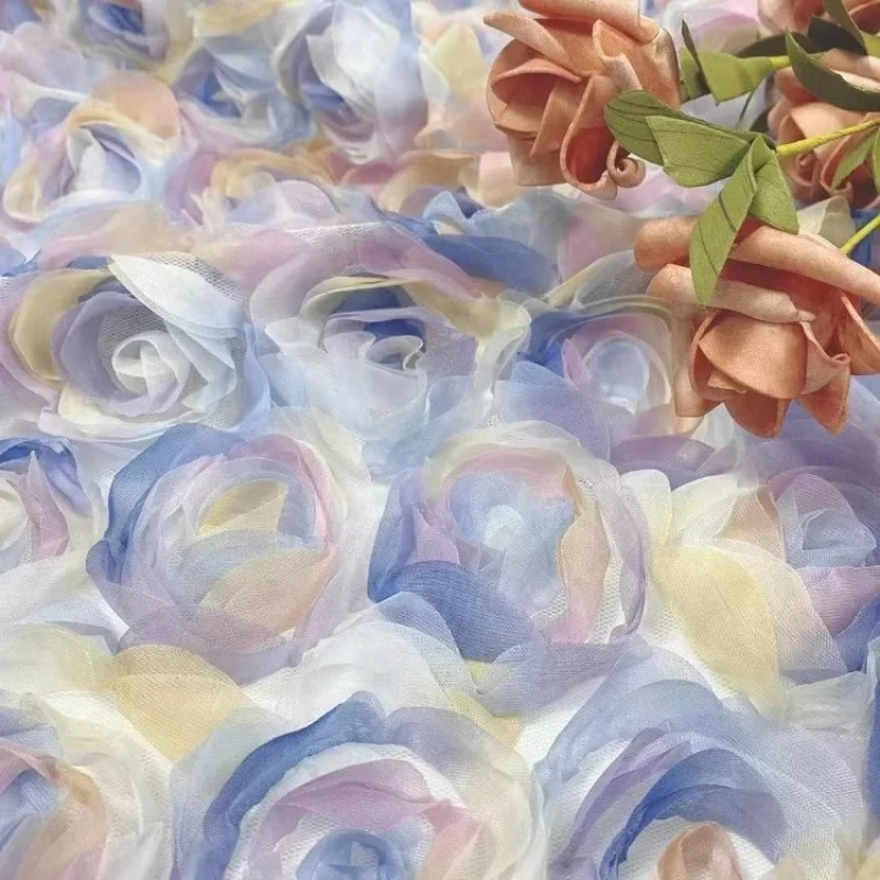 مادة شيفون وردية فاخرة مع تطريز زهور ثلاثي الأبعاد للأزياء والعرض