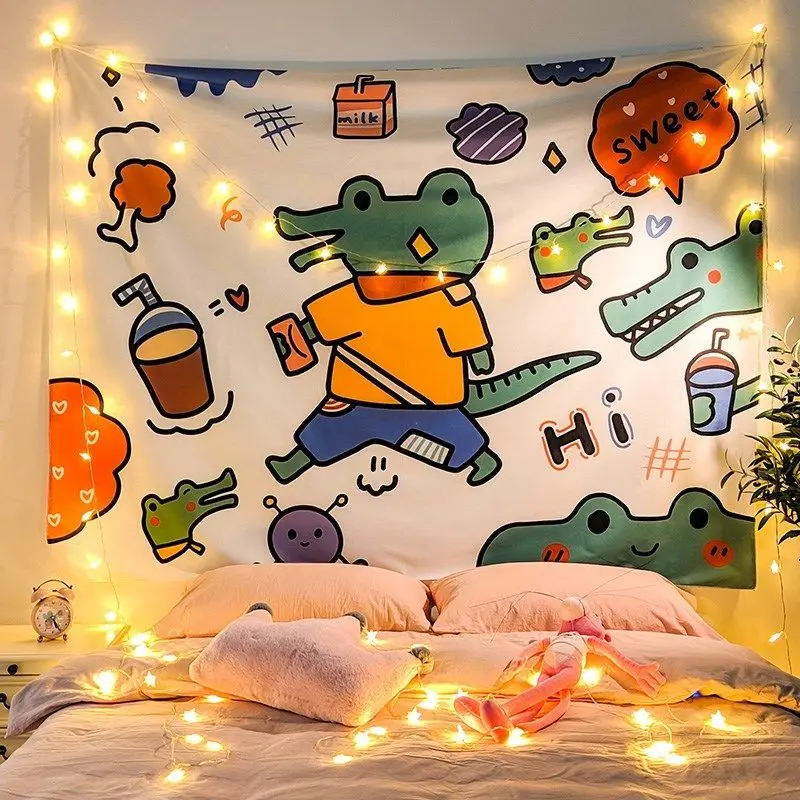 VIKAMA Crocodile Shopping Doodle Tapestry, Cute Cartoon Wall Hanging for Bedroom Dorm Kids Playroom Decor