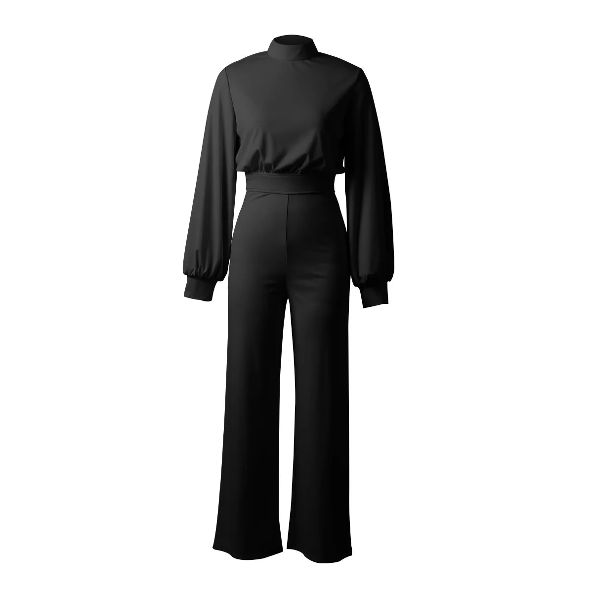 Fashion Stand Collar Long Lantern Sleeve Jumpsuit Women Elegant Office Lady Loose Straight Romper Overalls Onepieces