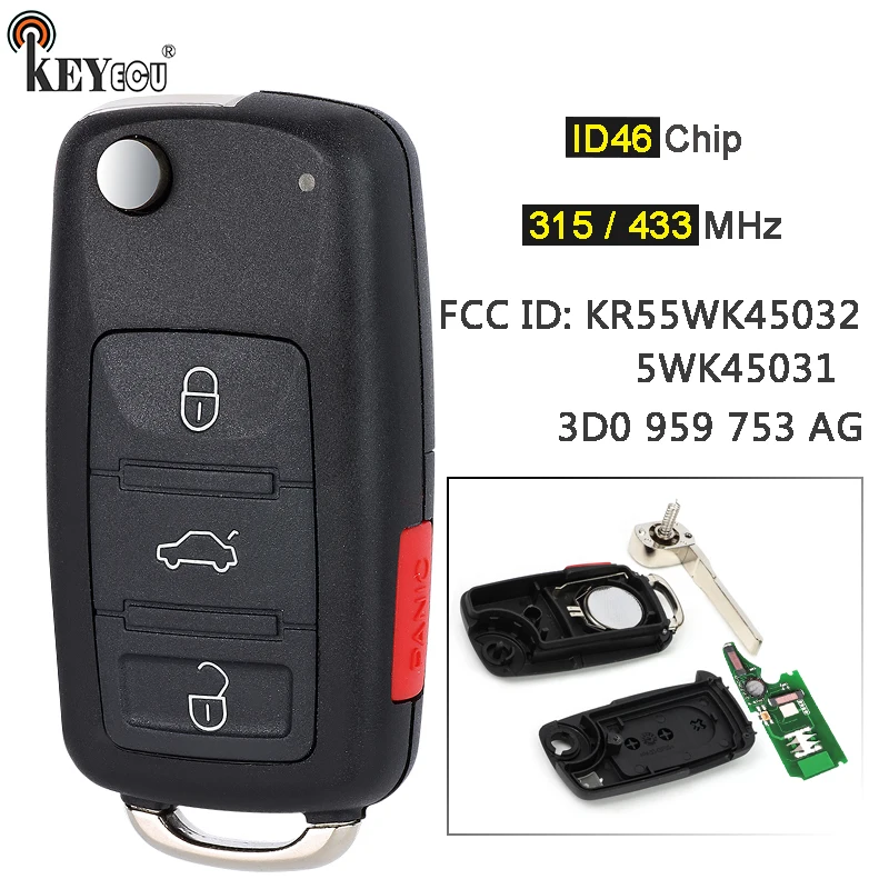 

Чип KEYECU 315 МГц/433 МГц ID46 KR55WK45032 5WK45031 3D0 959 753 AG, дистанционный брелок без ключа для Volkswagen Touareg 2002-2010