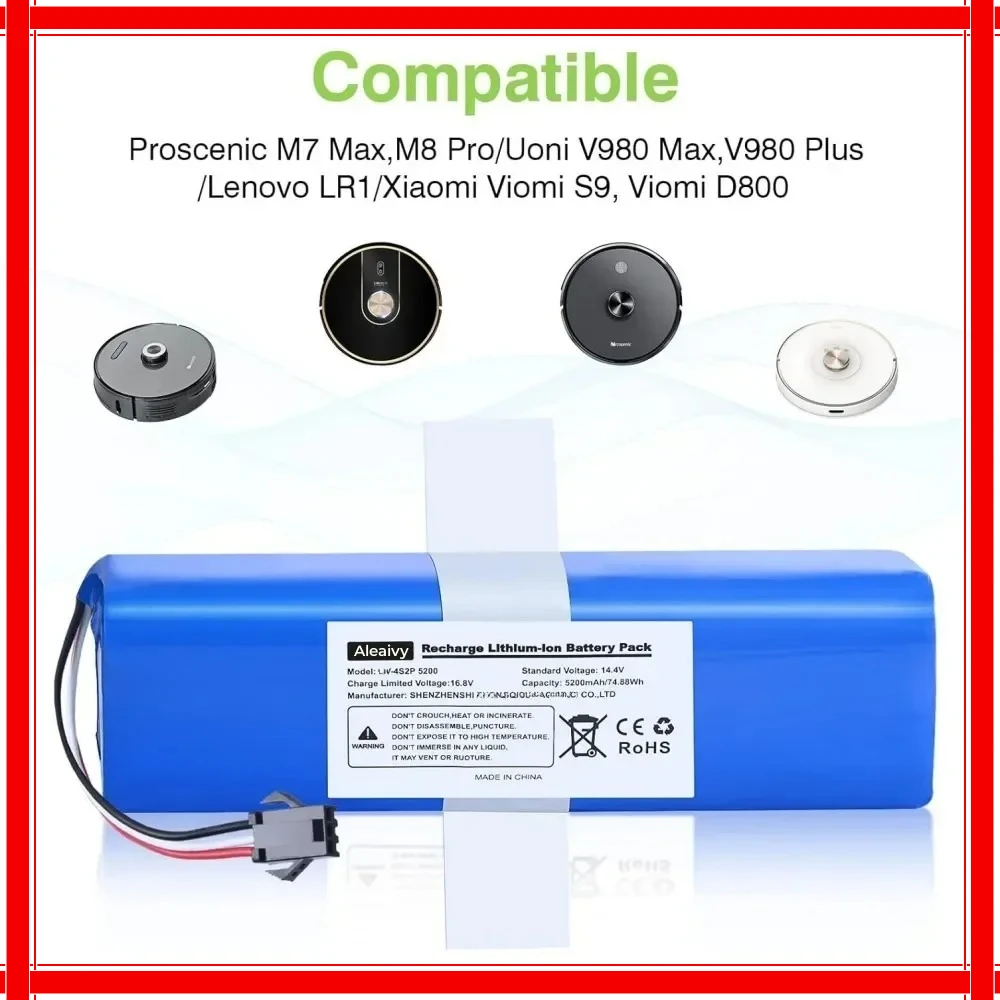 

Rechargeable 14.4V 12800mAh Replacement Li-ion Battery Pack for XiaoMi Lydsto R1, Viomi S9, Proscenic M7 Pro , Durable Energy