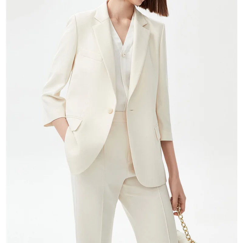 Allingentle Ivory Women's Suit Pantsuit 2 Piece Flat Collar Blazer & Pants Fashion Suit for Casual Office Customize