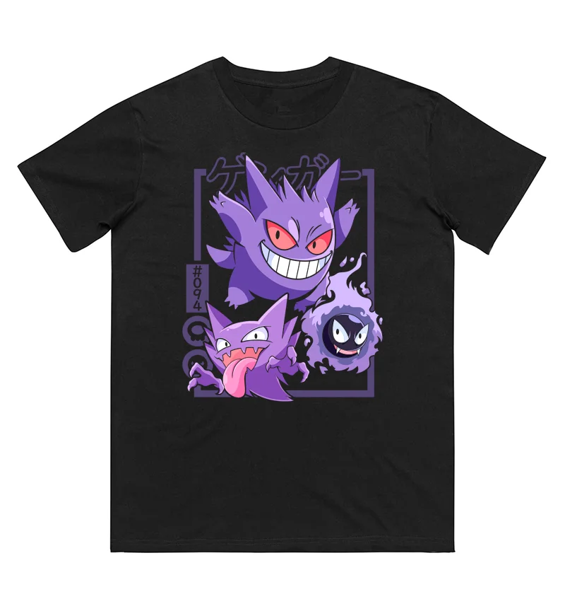 Pokémon Gastly Evolution bedrucktes T-Shirt aus reiner Baumwolle für Damen und Herren, Frühling/Sommer, neue Kollektion, modisches Kurzarmshirt