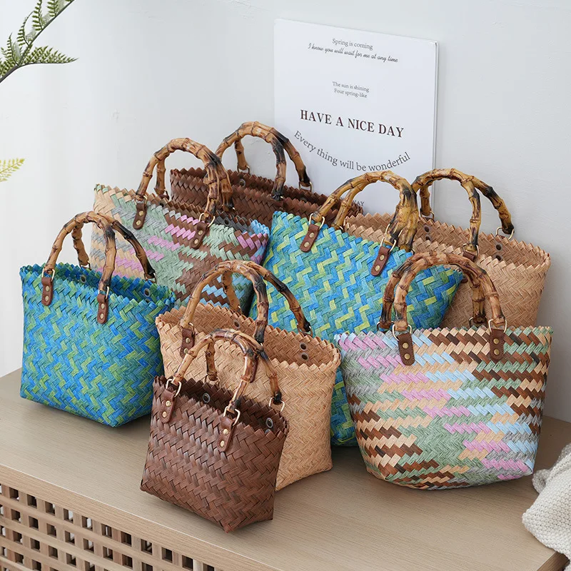 New Rattan Handbag Retro Simple Bamboo Tote Bag Large Capacity Shopping Fashion Woven Bag