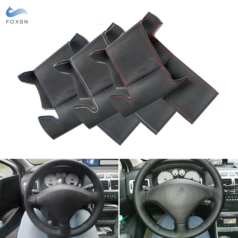 Car Accessories For Peugeot 307 2001-2008 307 SW 2005-2008 Steering Wheel Cover Perforated Leather Trim with Needles Threads