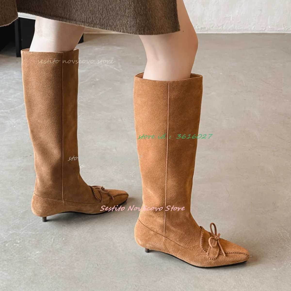 

Сапоги до колена на каблуке с бантом, замшевые короткие сапоги с острым носком, осенняя вечеринка для девочек, повседневная повседневная обувь