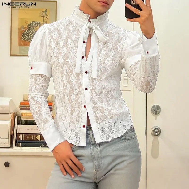 

INCERUN Мужская рубашка Кружевная лоскутная сексуальная прозрачная рубашка с воротником-стойкой и длинным рукавом Мужская одежда Уличная одежда на шнуровке Модные вечерние топы
