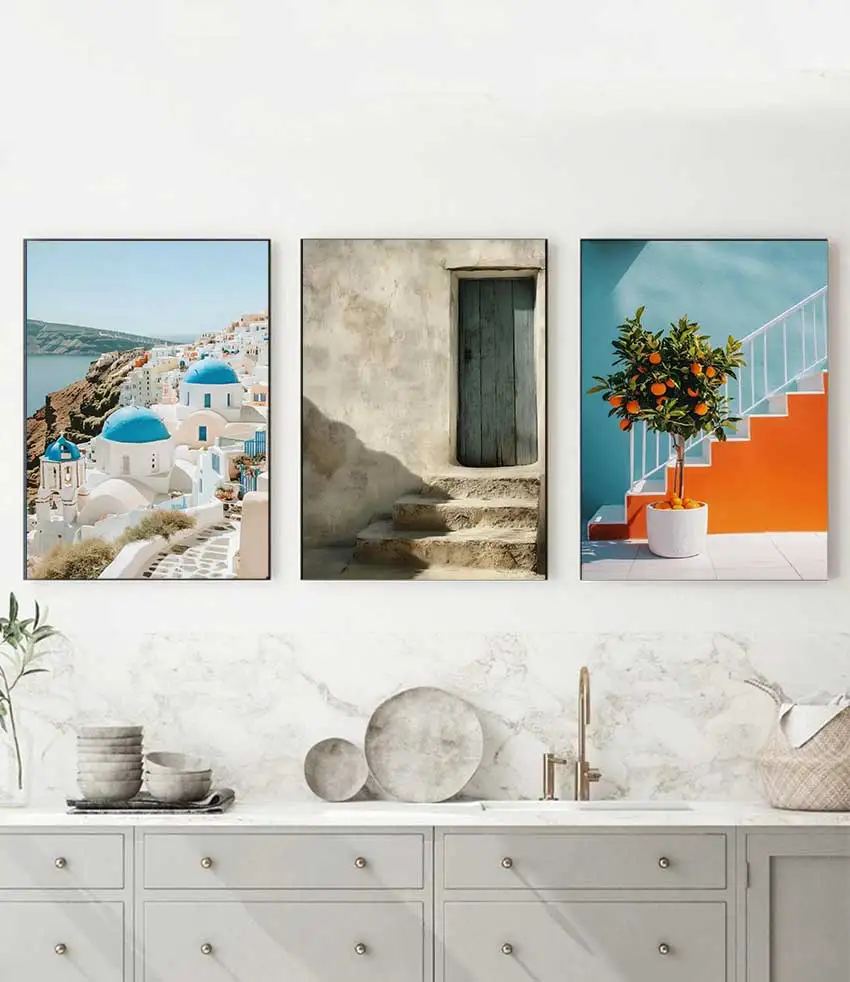 Frameless 1pc Retro Mediterranean Greece Landscape Poster Canvas Painting Wall Art Pictures Home Decoration Italian Lemon Orange