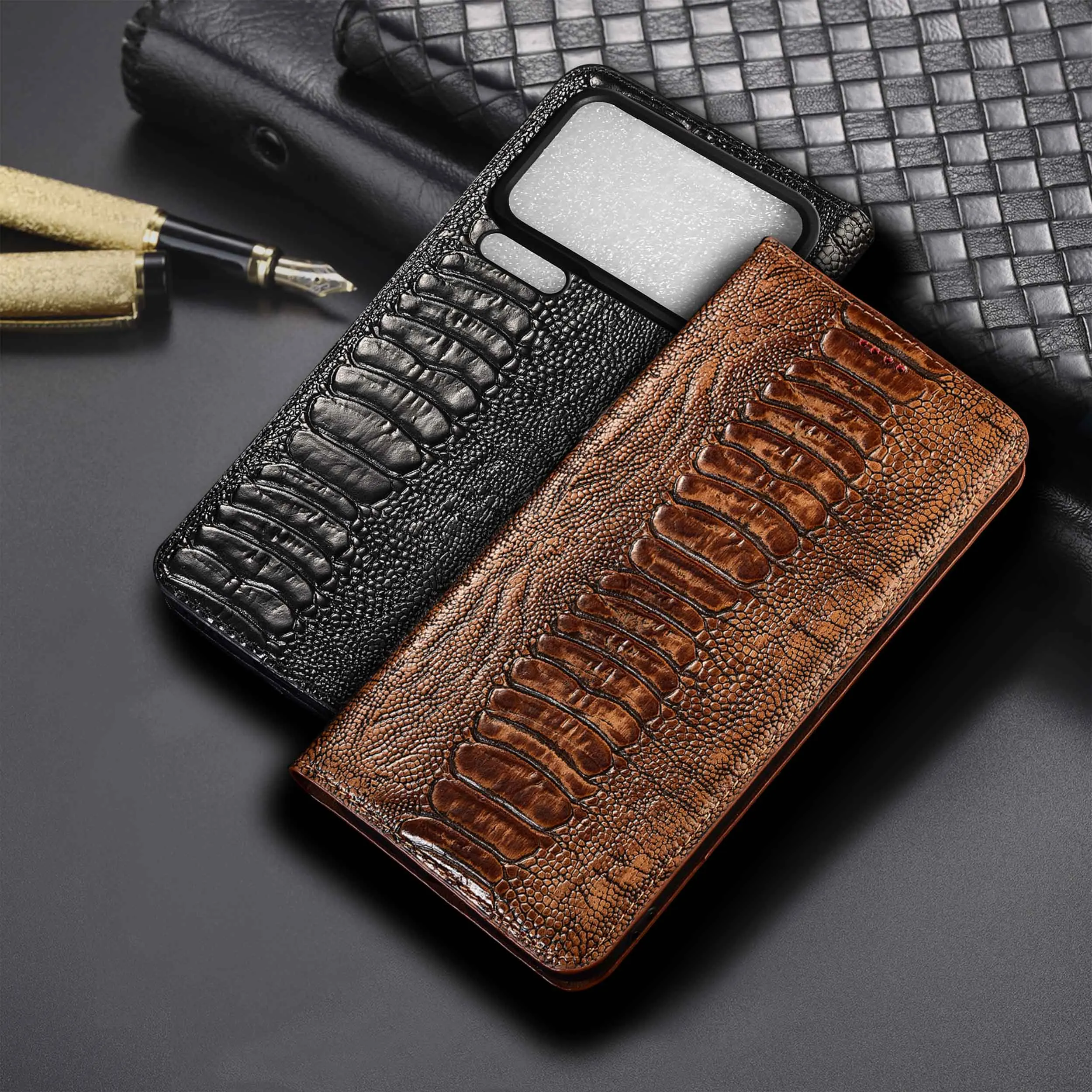 

Genuine Leather Phone Case For Xiaomi 14 14T 15 15S 17 Pro Max Ultra Civi Lite Ostrich Feet Pattern Of Flip Phone Cover Cases