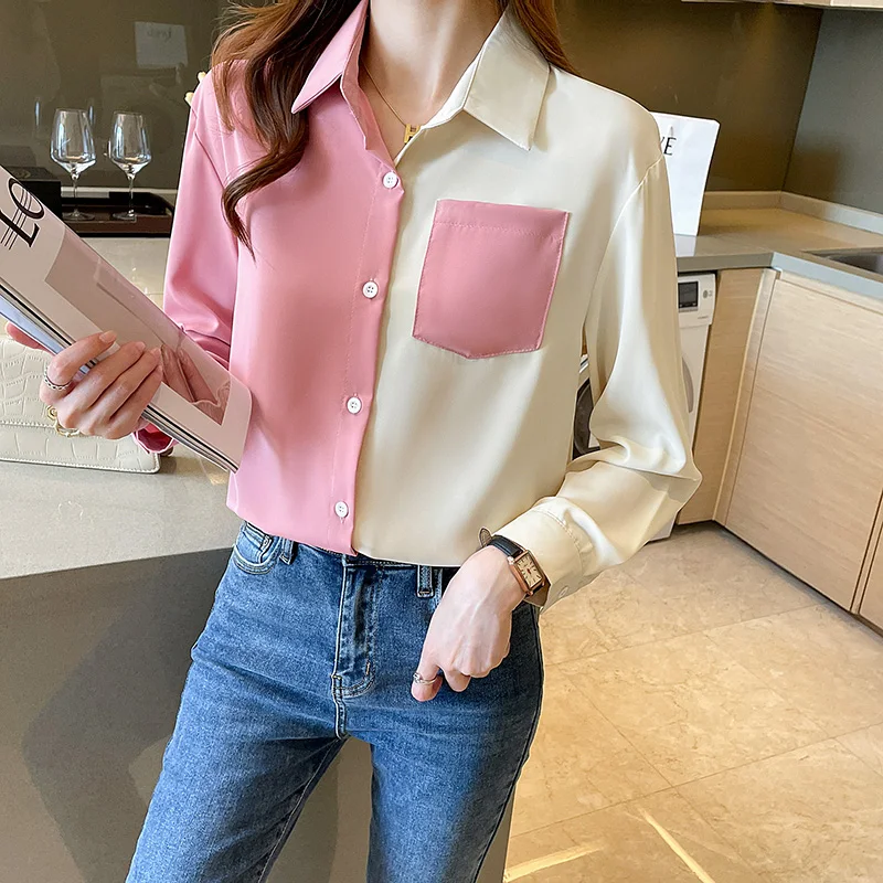 Women Spring Simplicity Loose Fashion Color Blocking Turn-down Collar Long Sleeve Shirts Women Clothes Casual All-match Tops